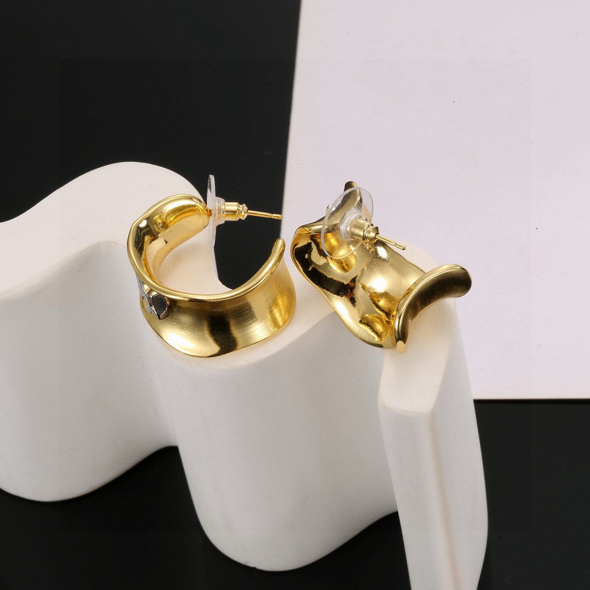 Geometric Emblem Stud Earrings in Gold-Tone – Design 010 styled product view