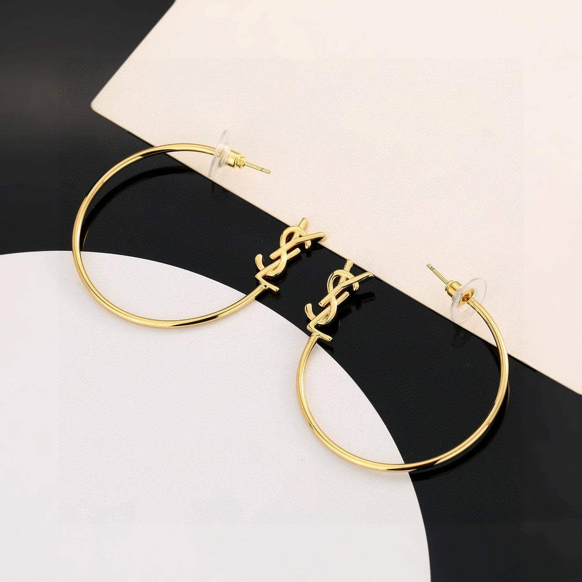Geometric Emblem Stud Earrings in Gold-Tone – Design 008 front product view
