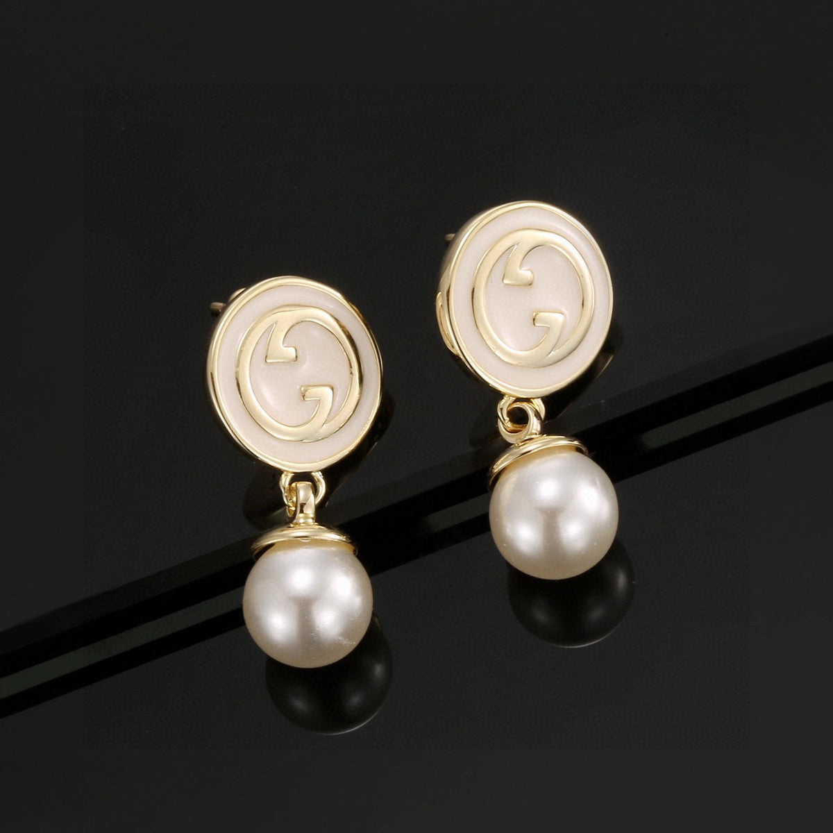 Geometric Emblem Stud Earrings in Polished Metal-Tone – Design 035 close-up detail