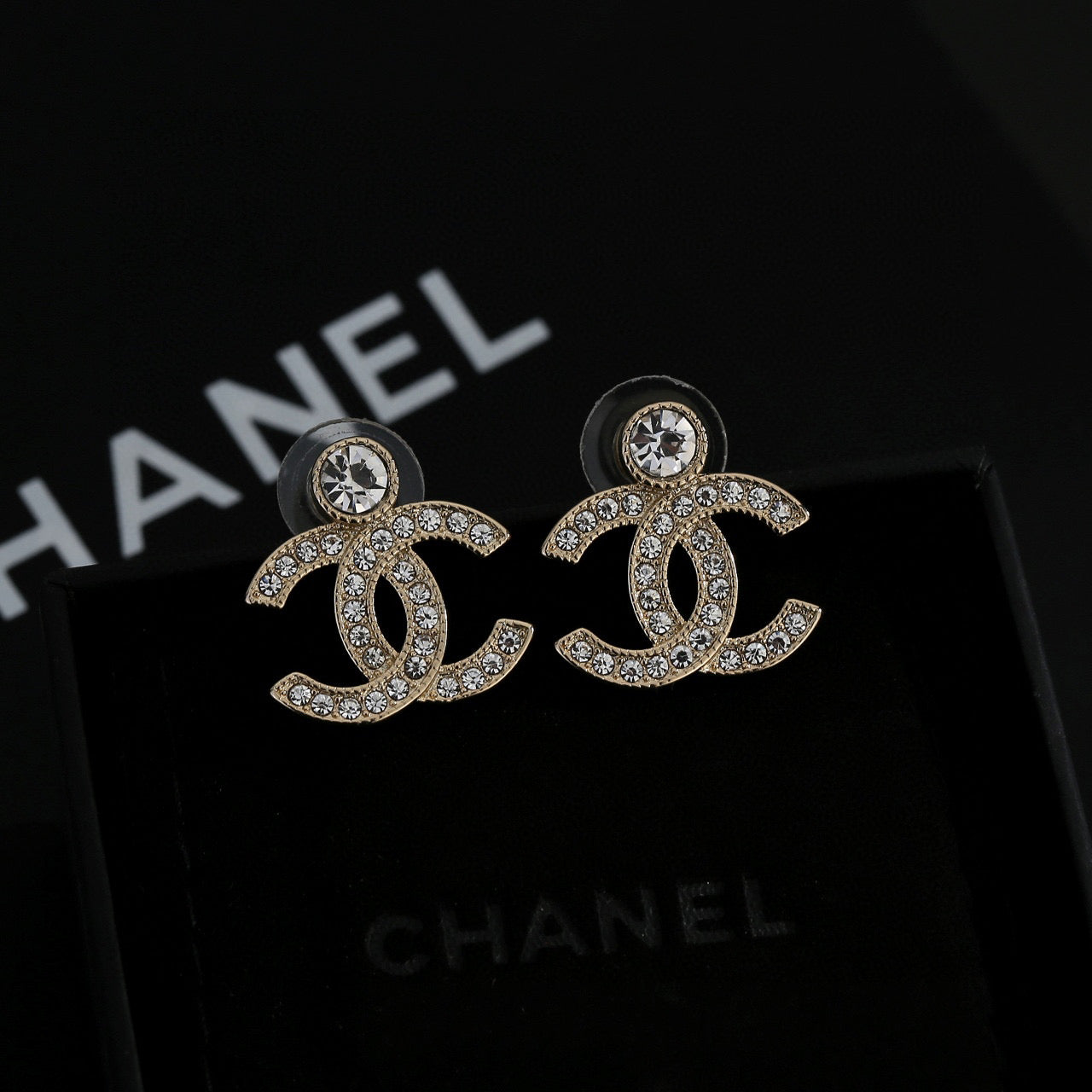 Double-C Emblem Crystal-Accent Stud Earrings – Design 036 detail view