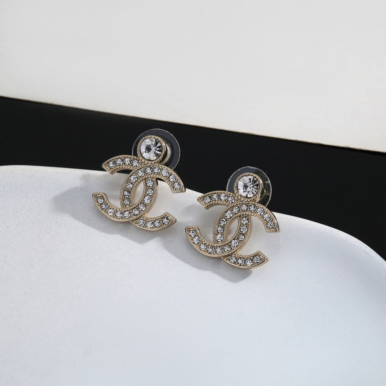 Double-C Emblem Crystal-Accent Stud Earrings – Design 036 styled product view