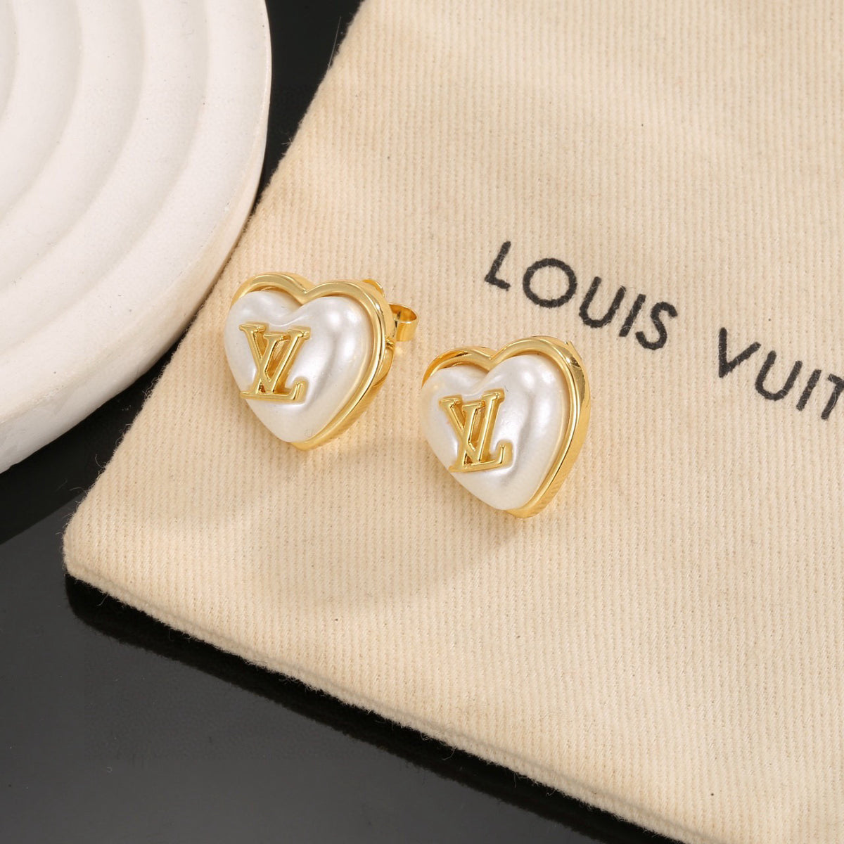 Letter Emblem Stud Earrings in Polished Metal-Tone – Design 021 detail view