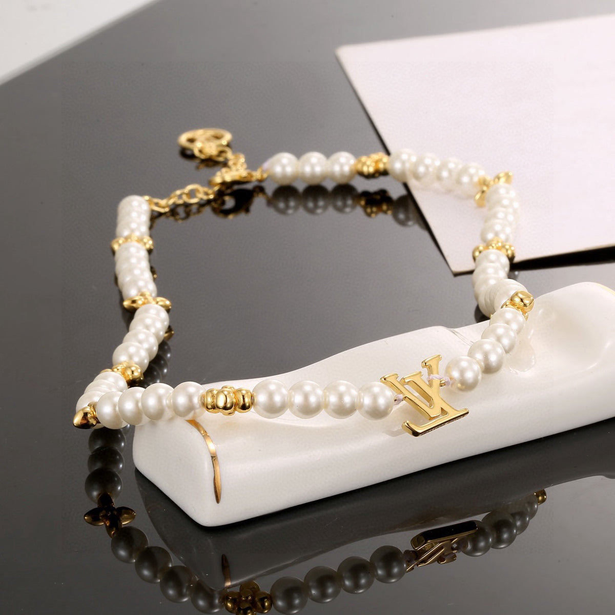 Lock Pendant Necklace in Polished Metal-Tone – Pearl Detail main product view