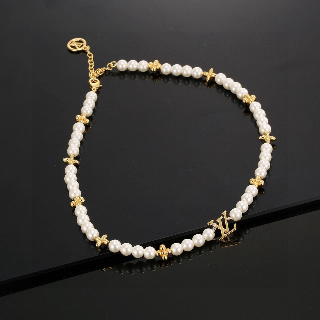 Lock Pendant Necklace in Polished Metal-Tone – Pearl Detail side detail