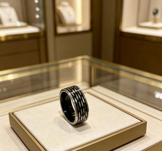 Geometric Emblem Statement Ring in Gold-Tone – Gold Detail – Design 007 main product view