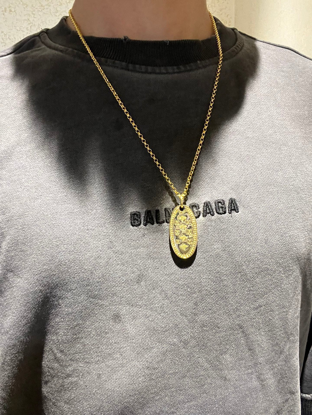 Double-G Emblem Pendant Necklace in Polished Metal-Tone – Vintage Detail – Design 035 styled product view