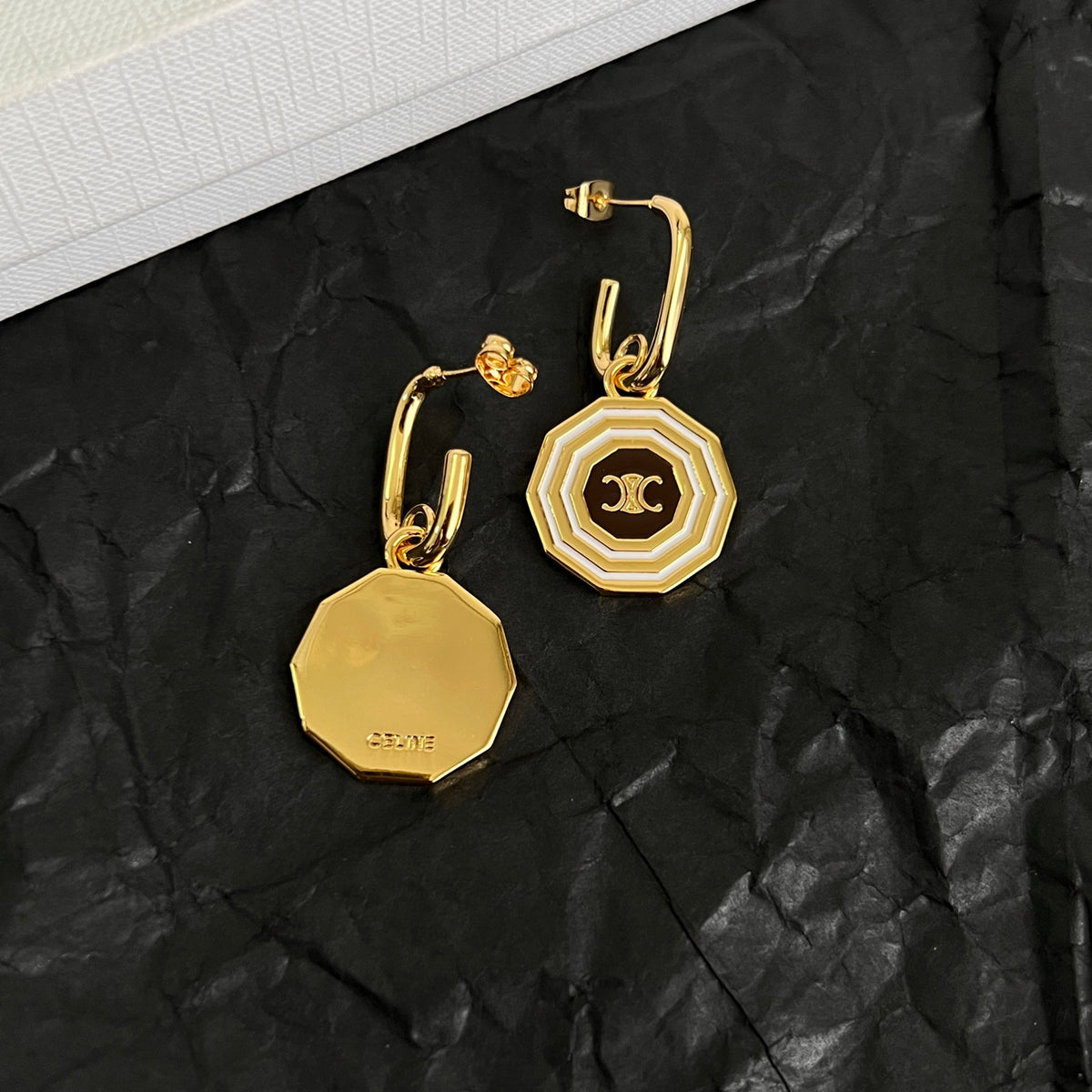 Signature Emblem Stud Earrings in Polished Metal-Tone – Design 03 styled detail