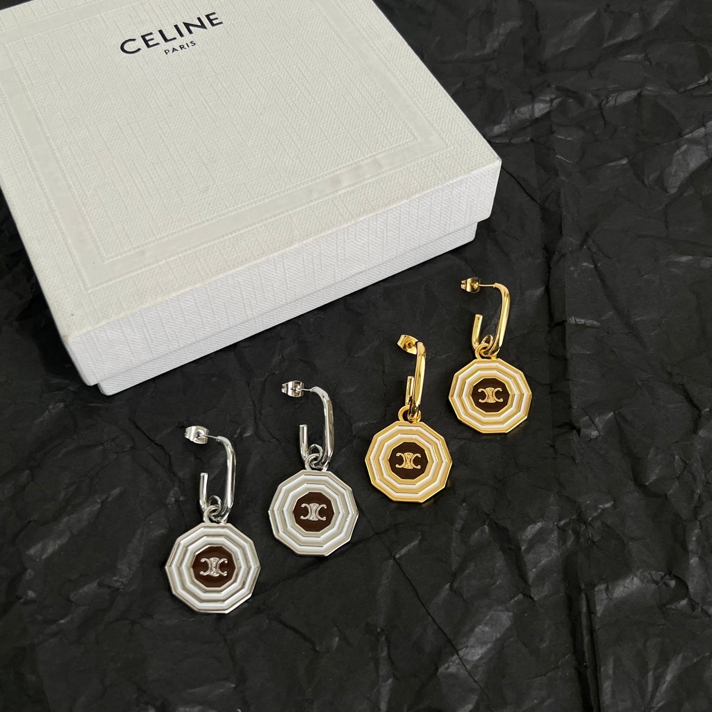 Signature Emblem Stud Earrings in Polished Metal-Tone – Design 03 detail view