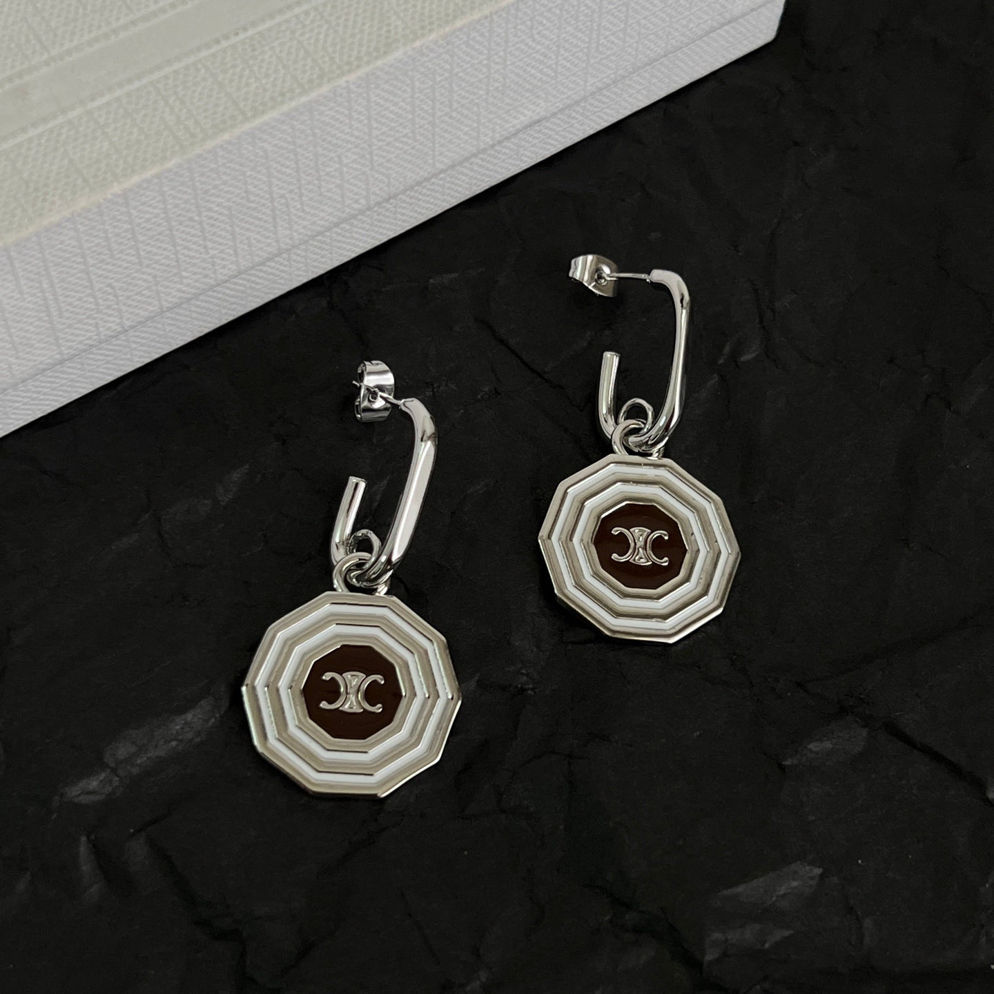 Signature Emblem Stud Earrings in Polished Metal-Tone – Design 02 side detail