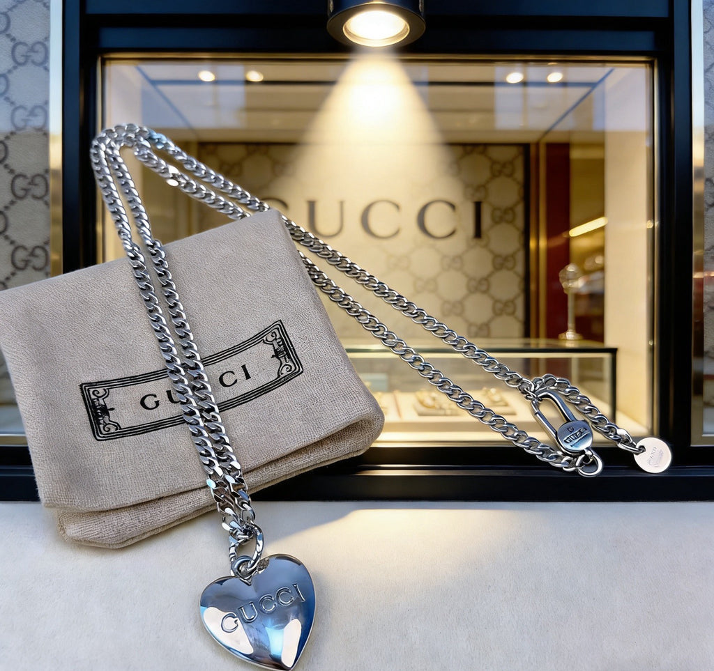 Double-G Emblem Pendant Necklace in Polished Metal-Tone – Design 134 detail view