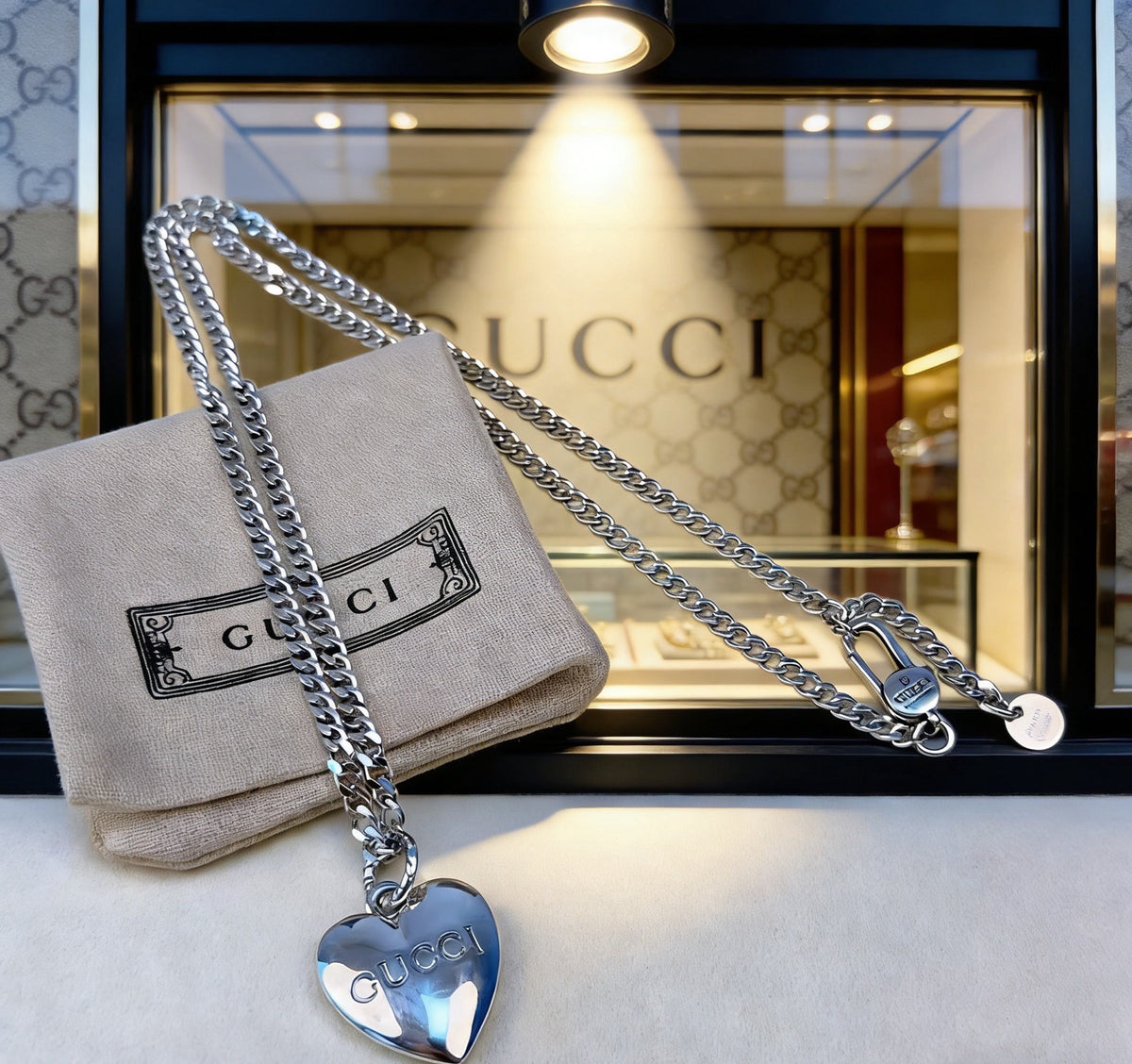 Double-G Emblem Pendant Necklace in Polished Metal-Tone – Design 134 detail view