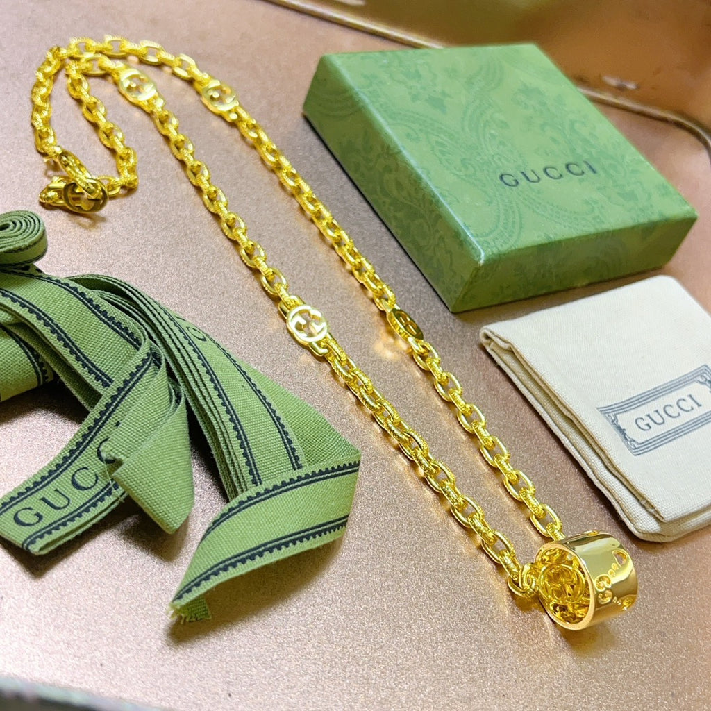 Double-G Emblem Pendant Necklace in Polished Metal-Tone – Vintage Detail – Design 034 main product view