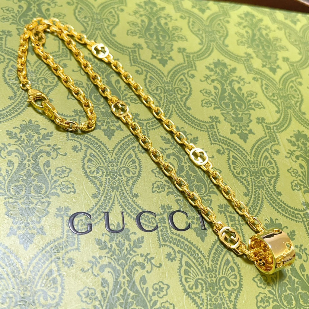 Double-G Emblem Pendant Necklace in Polished Metal-Tone – Vintage Detail – Design 034 main product view