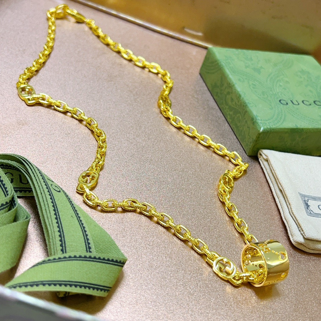 Double-G Emblem Pendant Necklace in Polished Metal-Tone – Vintage Detail – Design 034 front product view