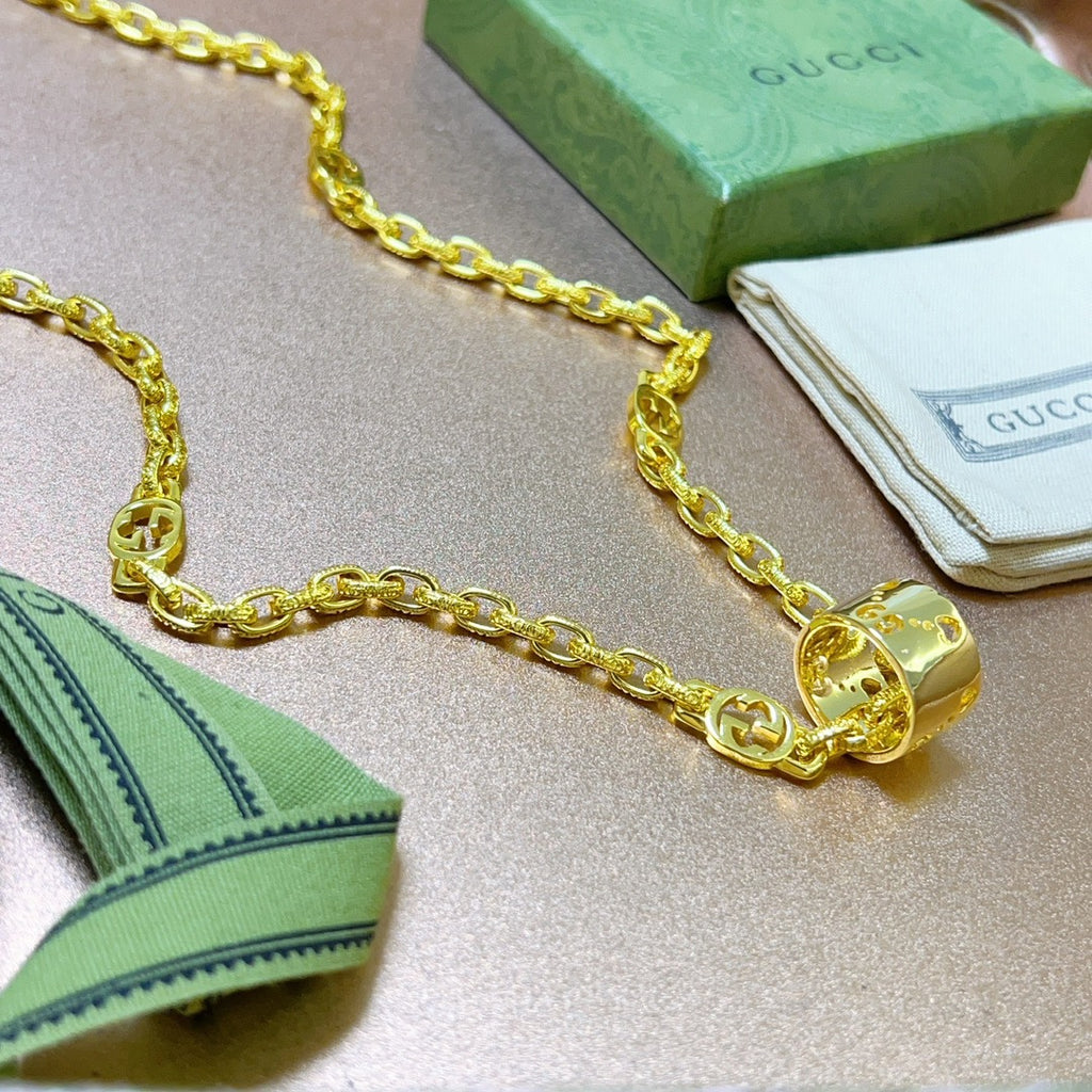 Double-G Emblem Pendant Necklace in Polished Metal-Tone – Vintage Detail – Design 034 front product view