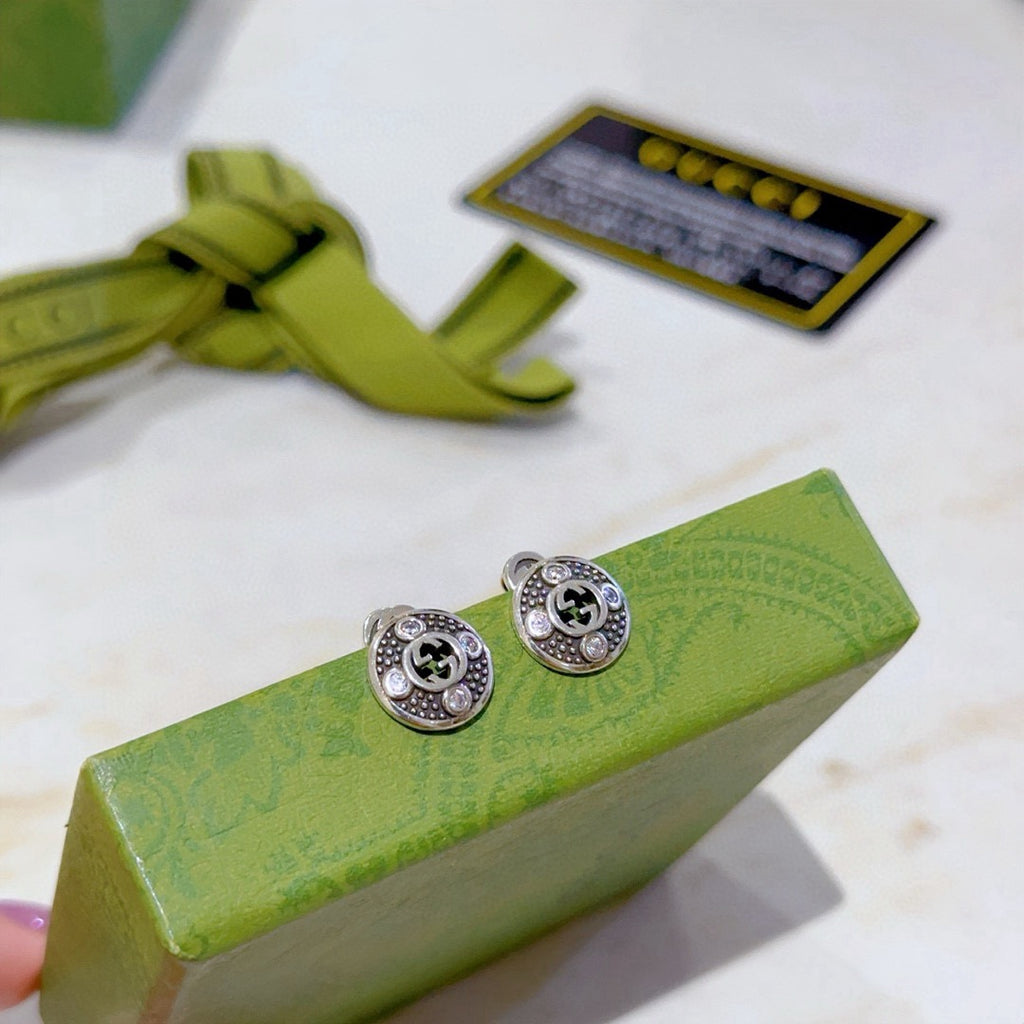 Double-G Emblem Stud Earrings in Polished Metal-Tone – Vintage Detail – Design 010 front product view