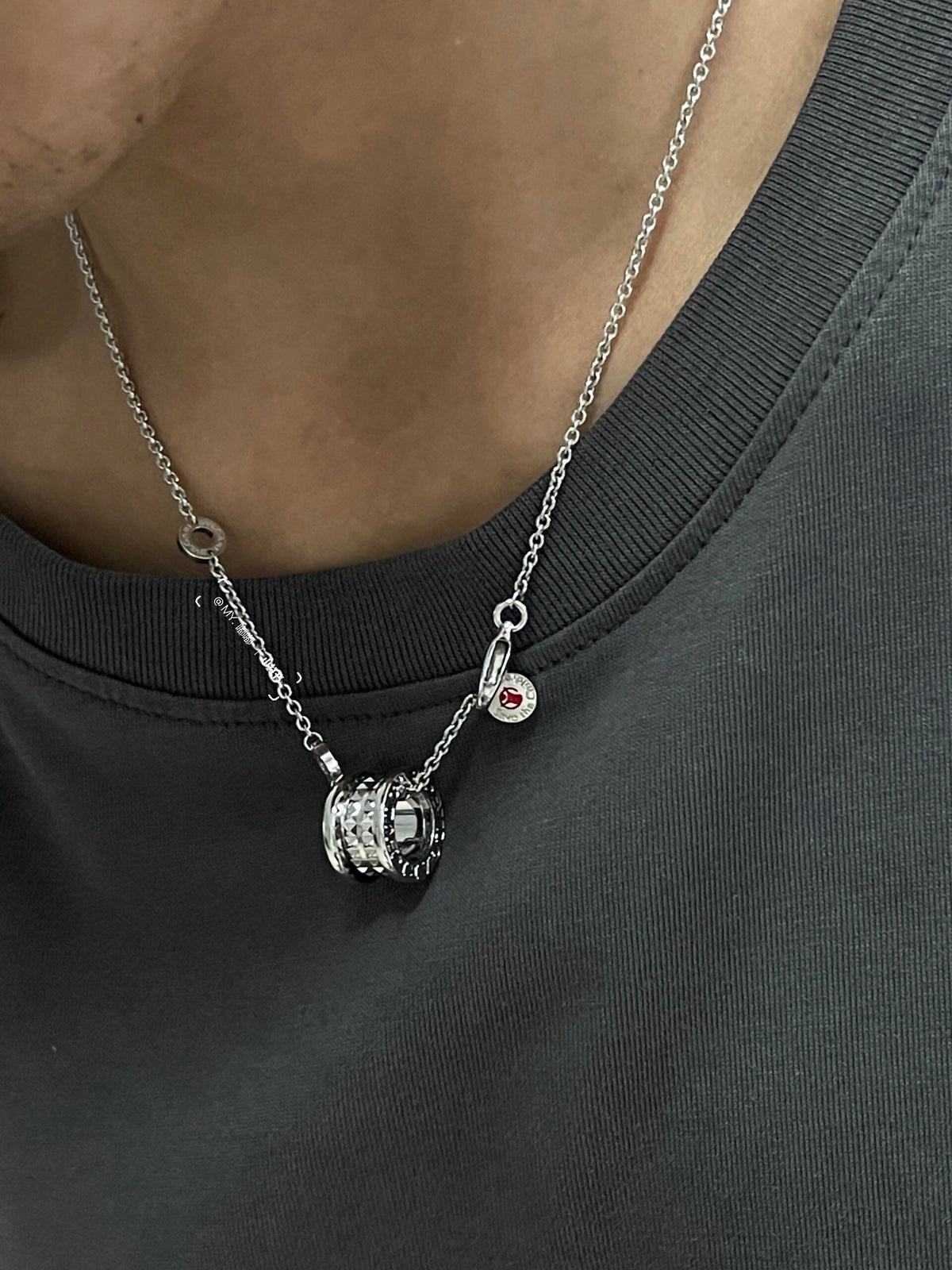 Geometric Emblem Pendant Necklace in Silver-Tone – Silver Detail – Design 002 detail view