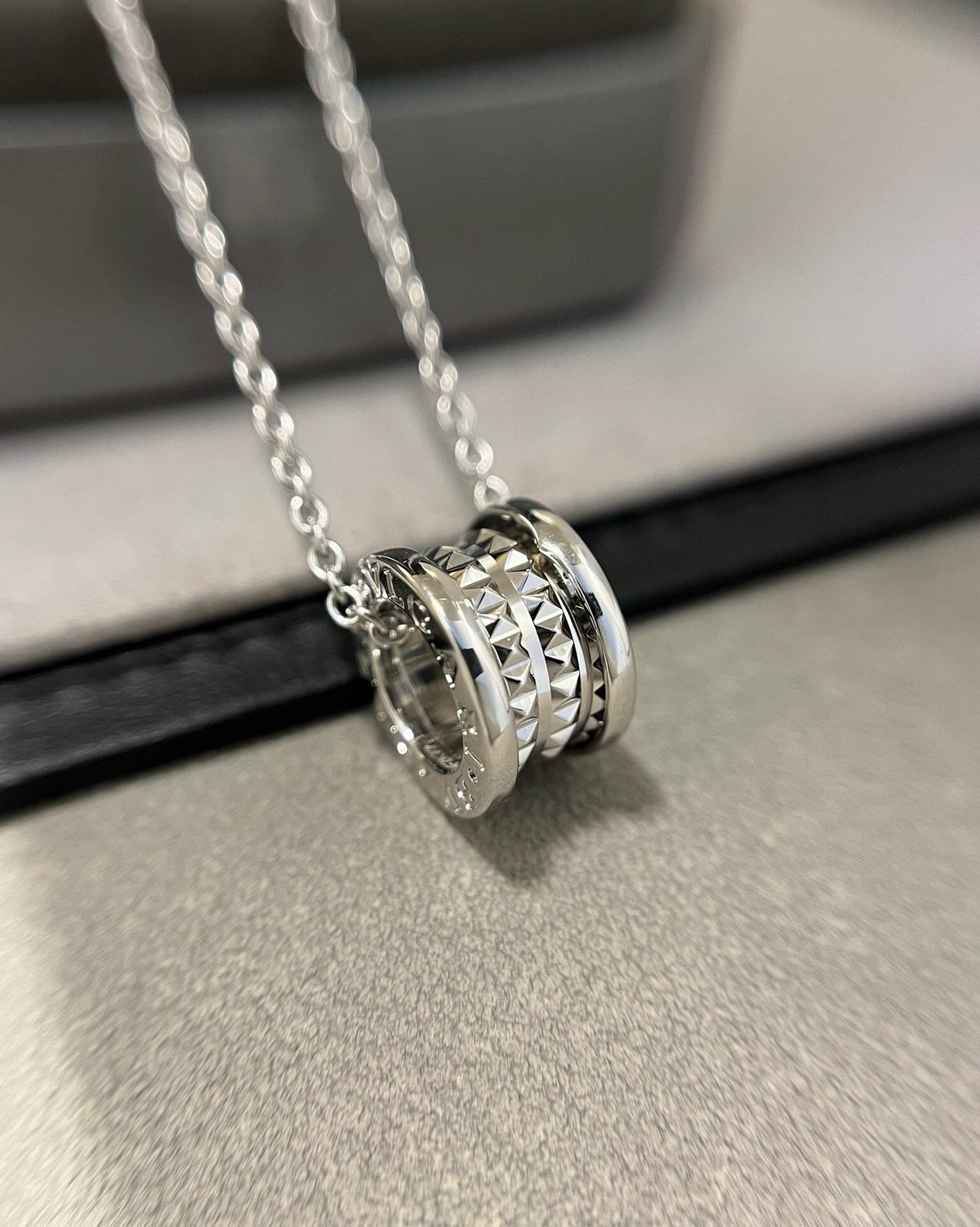 Geometric Emblem Pendant Necklace in Silver-Tone – Silver Detail – Design 002 front product view