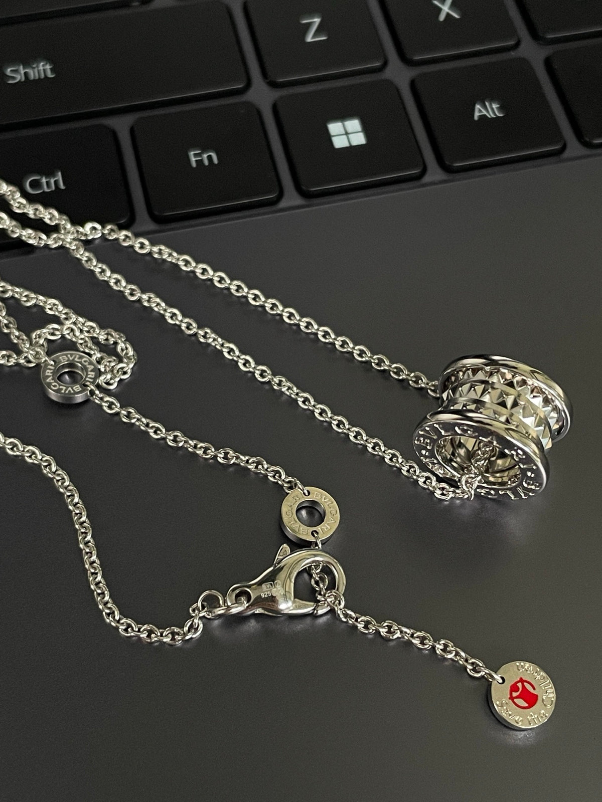 Geometric Emblem Pendant Necklace in Silver-Tone – Silver Detail – Design 002 close-up detail