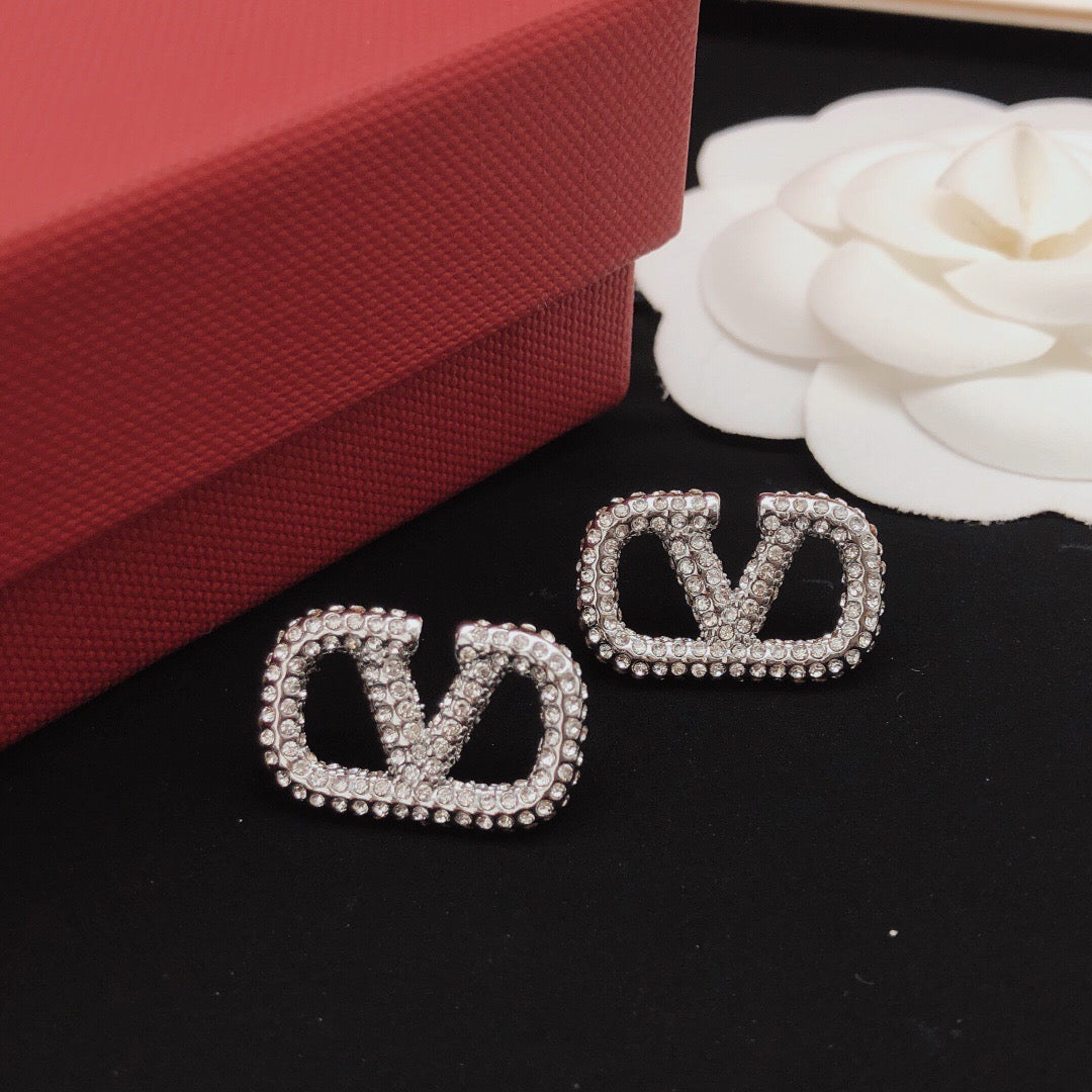 V Emblem Crystal-Accent Stud Earrings – Design 08 front view