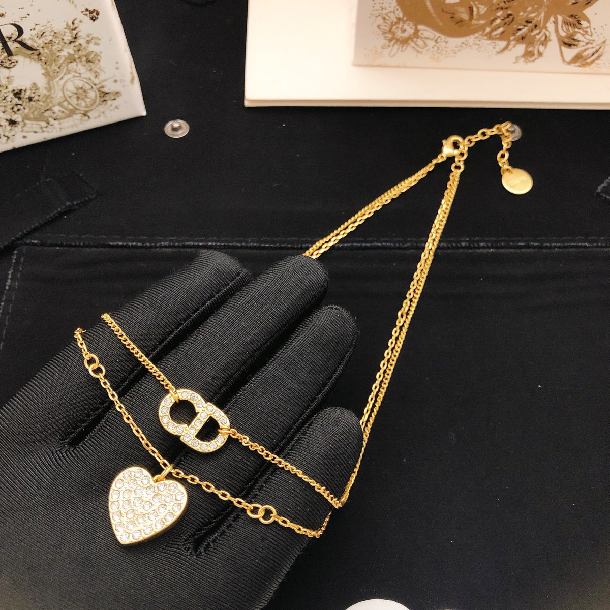 Heart Motif Pendant Necklace in Polished Metal-Tone with Layered Detail side detail