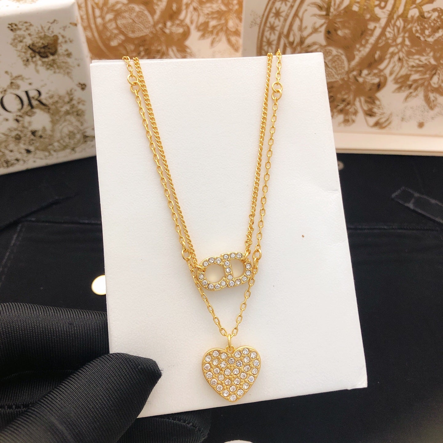 Heart Motif Pendant Necklace in Polished Metal-Tone with Layered Detail styled view