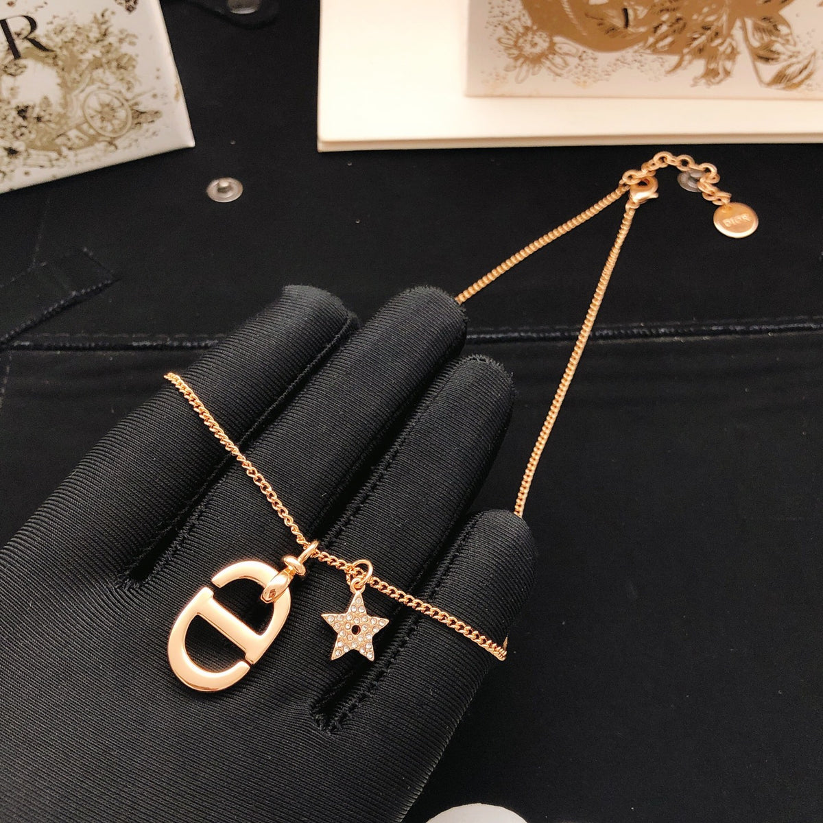 Floral Motif Pendant Necklace in Rose-Gold-Tone side detail