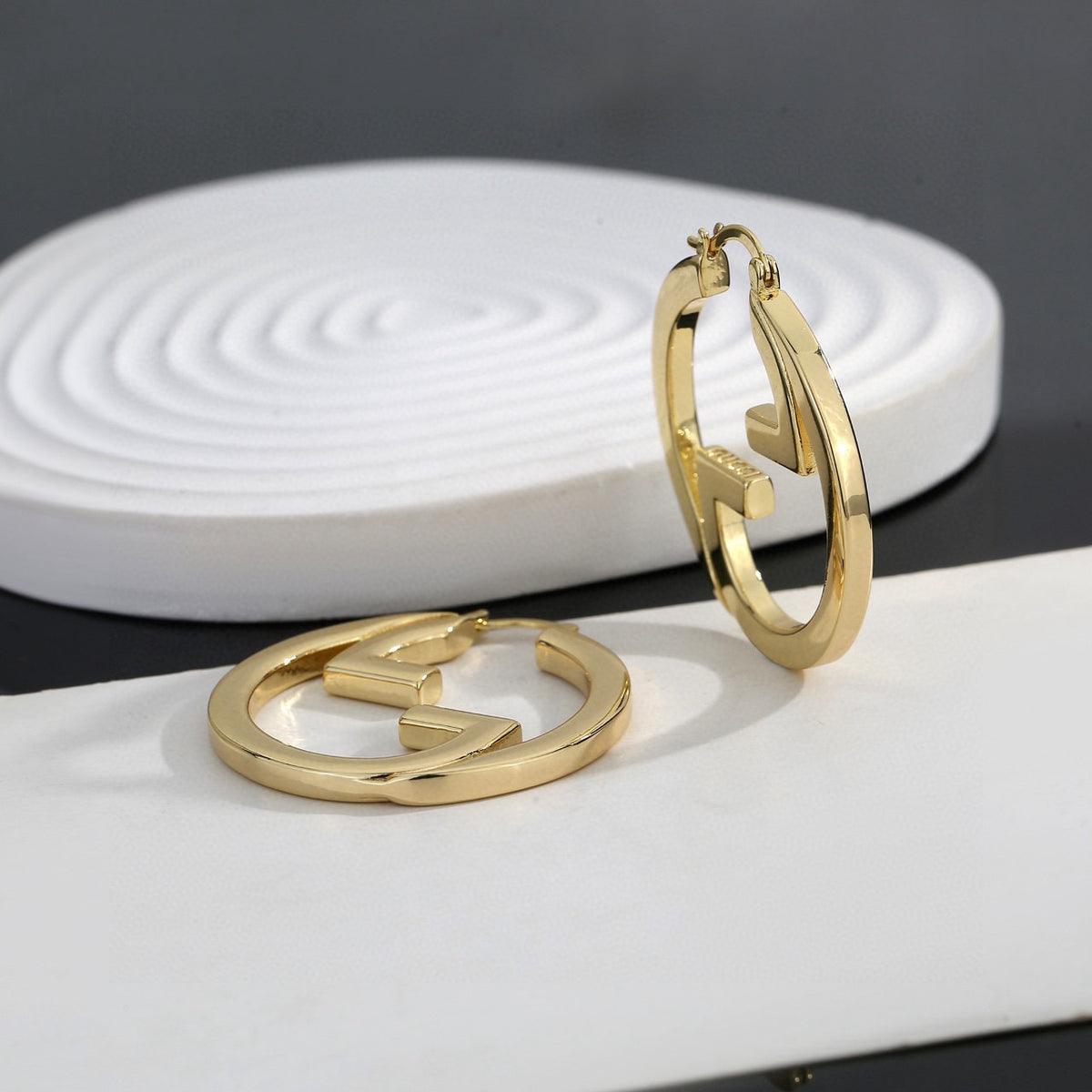Geometric Emblem Stud Earrings in Polished Metal-Tone – Design 037 main product view
