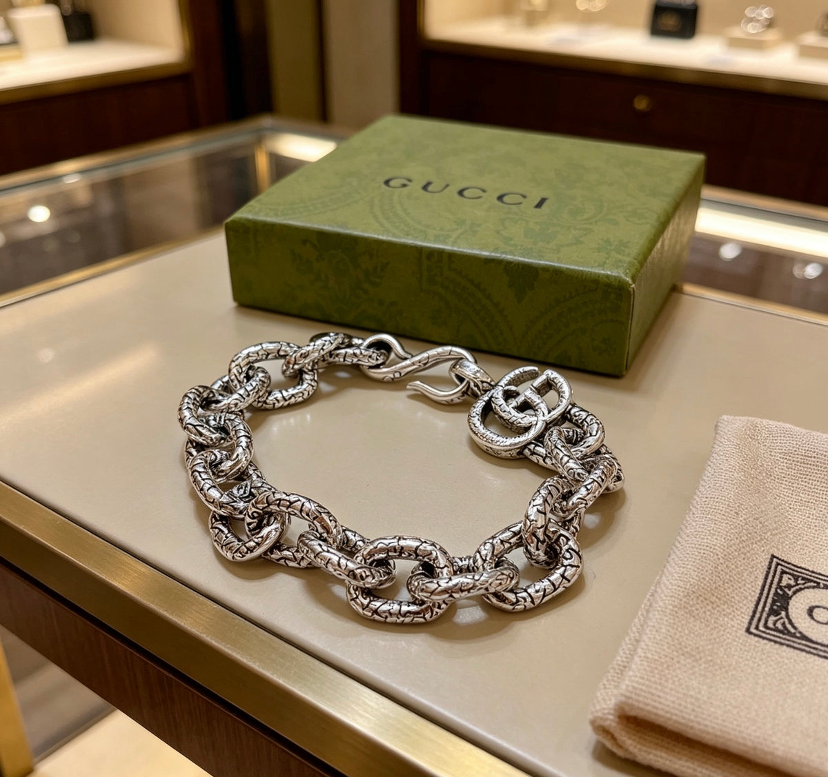Geometric Emblem Bracelet in Polished Metal-Tone – Design 068 close-up detail