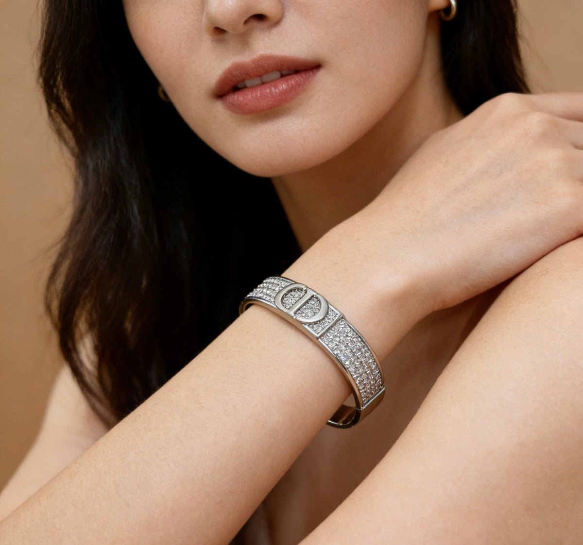 Graphic Letter Motif Statement Bracelet in Polished Metal-Tone with Vintage-Style Finish – Design 002 front view