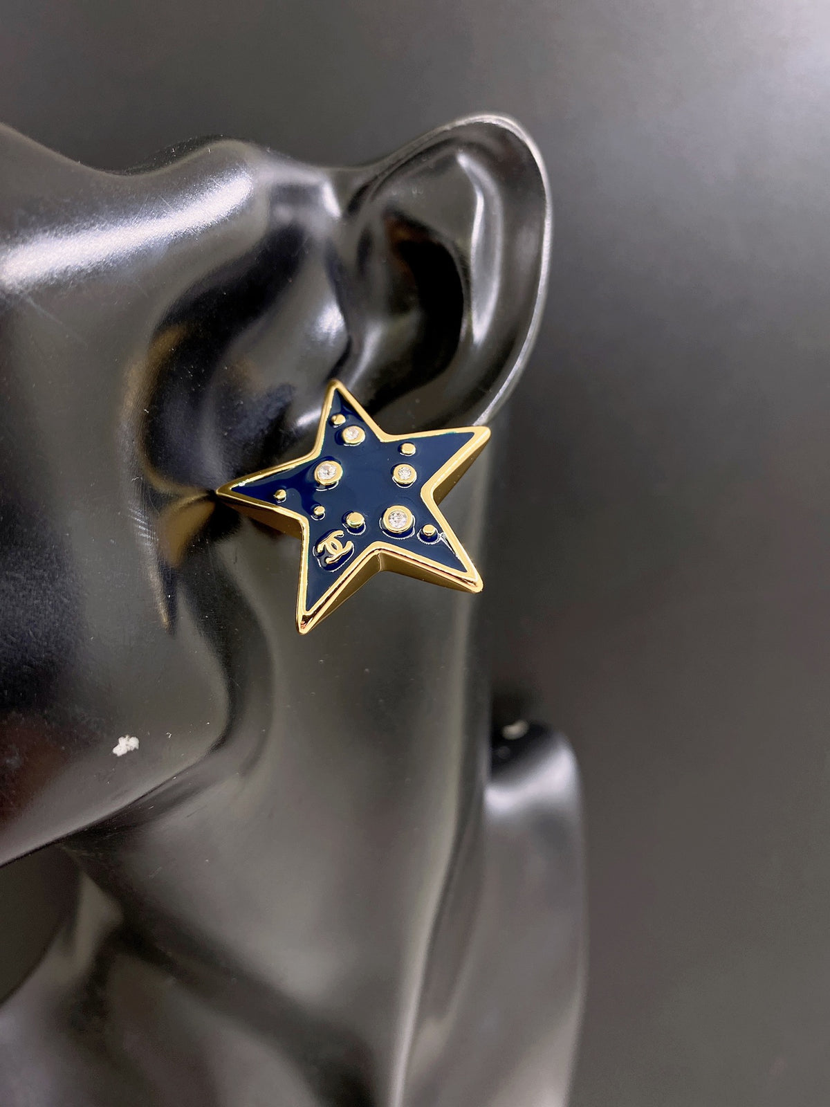 Signature Emblem Stud Earrings in Gold-Tone – Blue Detail – Design 003 front product view