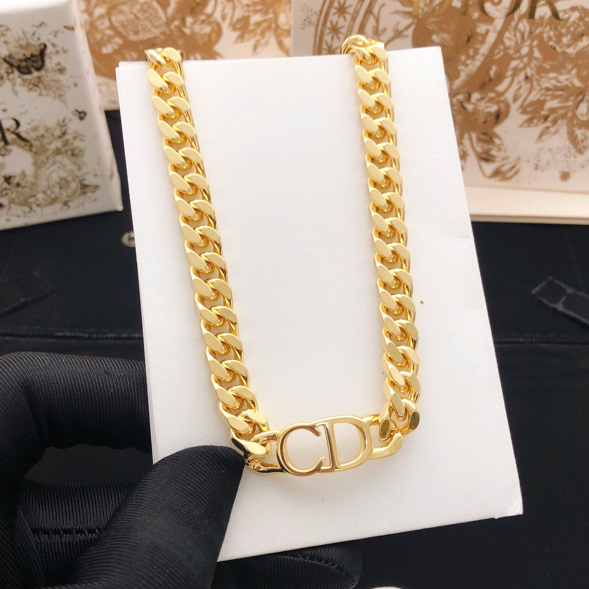 Graphic Letter Motif Pendant Necklace in Gold-Tone – Design 003 styled view
