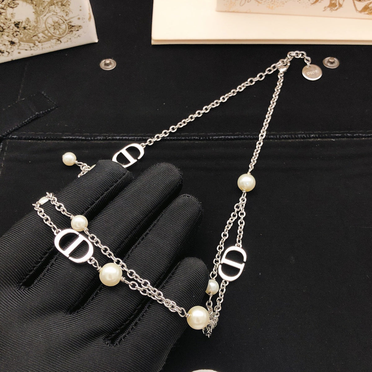 Pearl-Style Motif Pendant Necklace in Silver-Tone with Pearl-Style Detail – Design 004 side detail