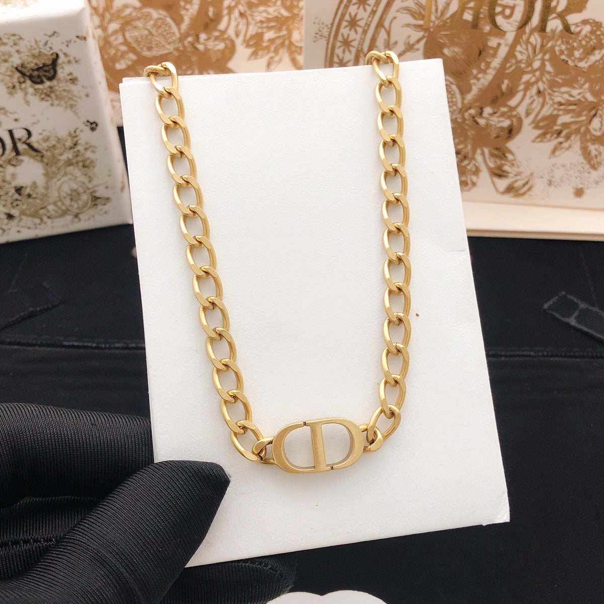 Graphic Letter Motif Pendant Necklace in Polished Metal-Tone – Design 022 styled view