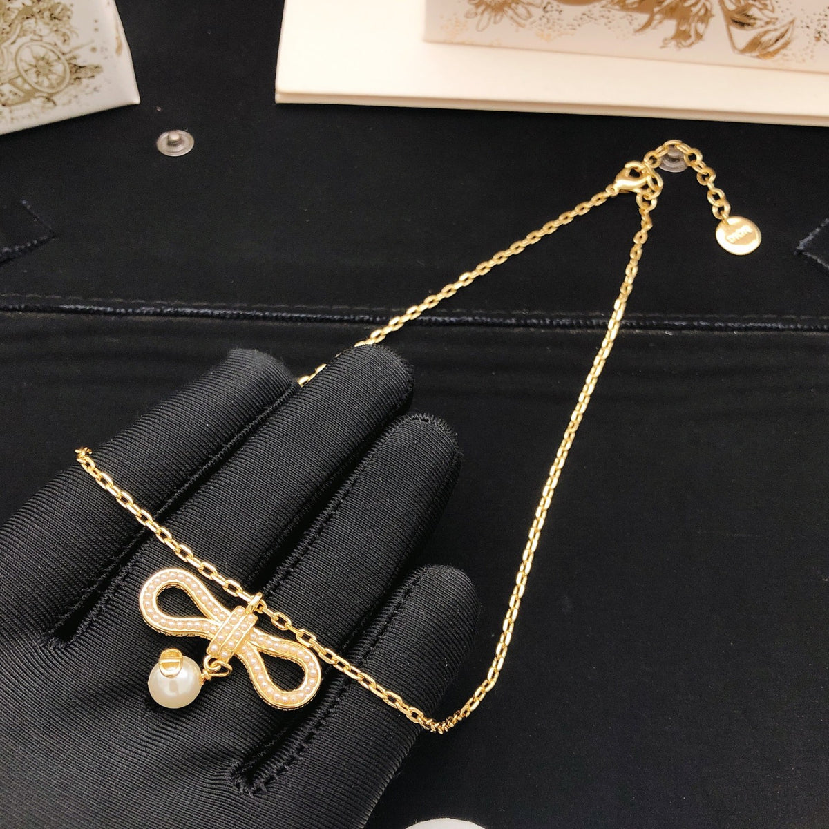 Bow & Butterfly Motif Pendant Necklace in Polished Metal-Tone – Design 005 side detail