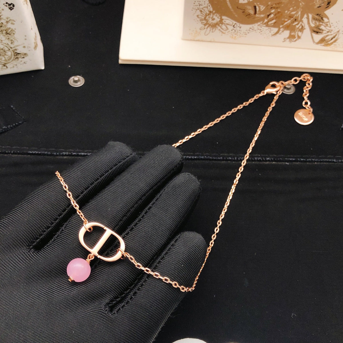 Pearl-Style Motif Pendant Necklace in Rose-Gold-Tone with Pearl-Style Detail – Design 002 side detail