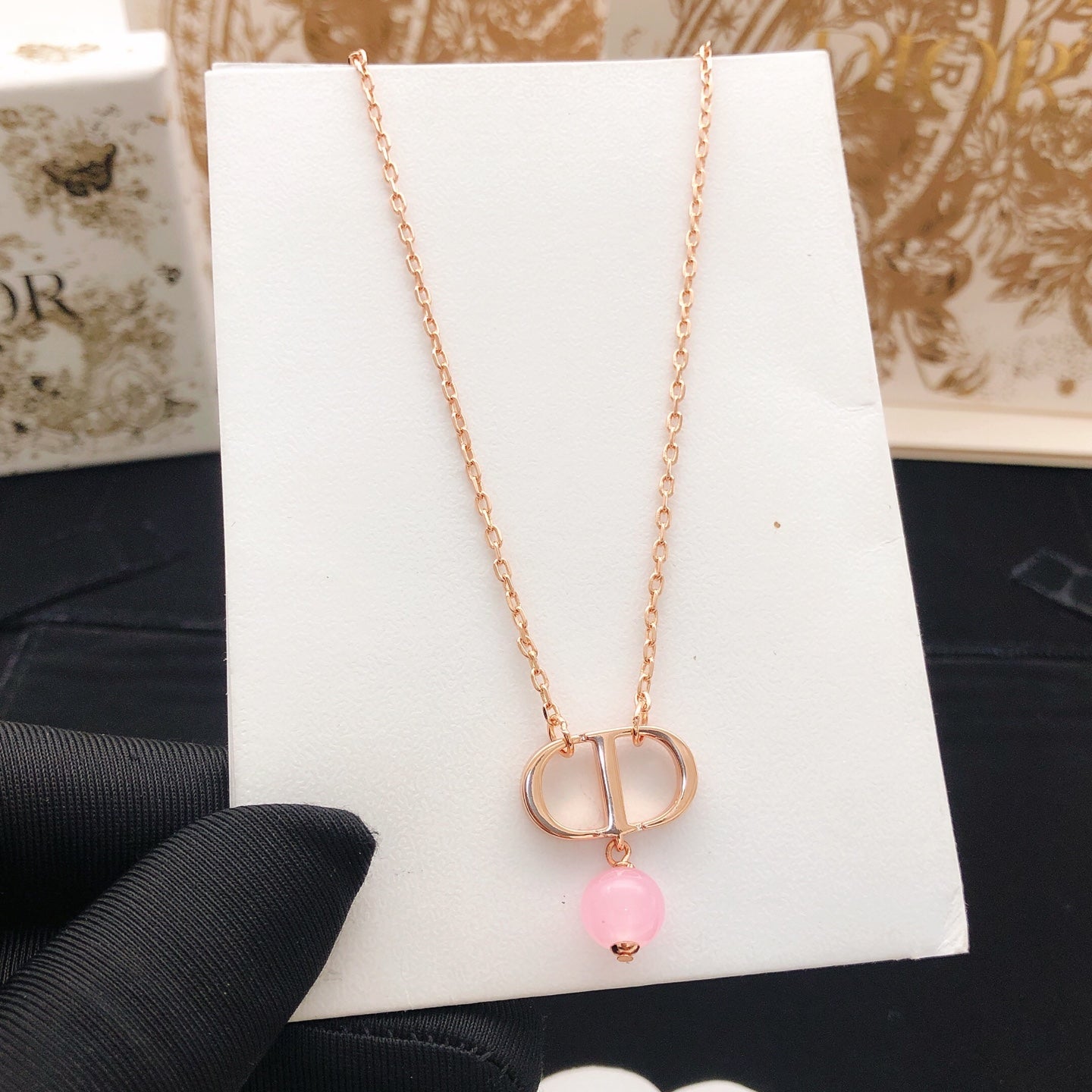 Pearl-Style Motif Pendant Necklace in Rose-Gold-Tone with Pearl-Style Detail – Design 002 styled view
