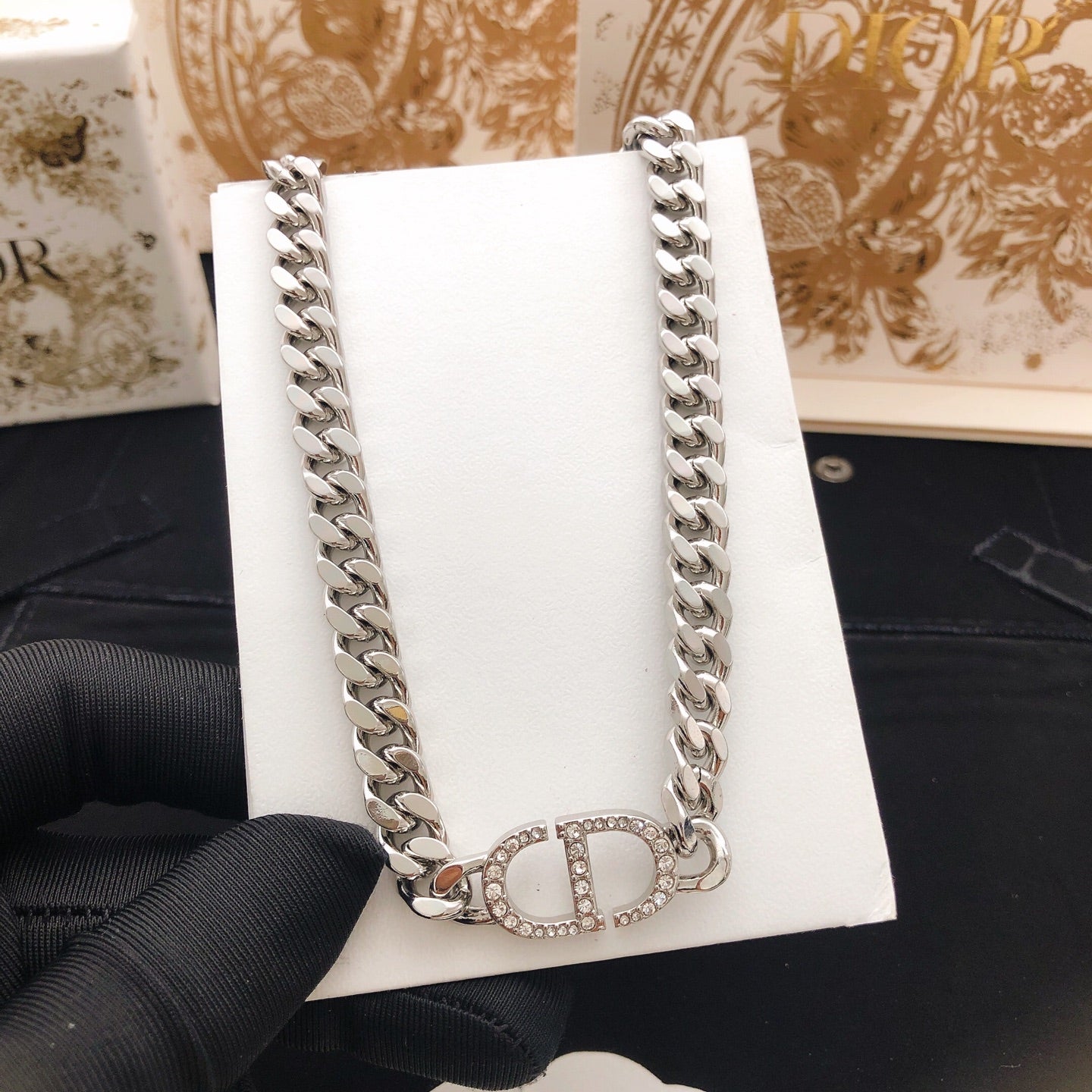 Graphic Letter Motif Pendant Necklace in Silver-Tone with Crystal-Style Accents – Design 002 styled view
