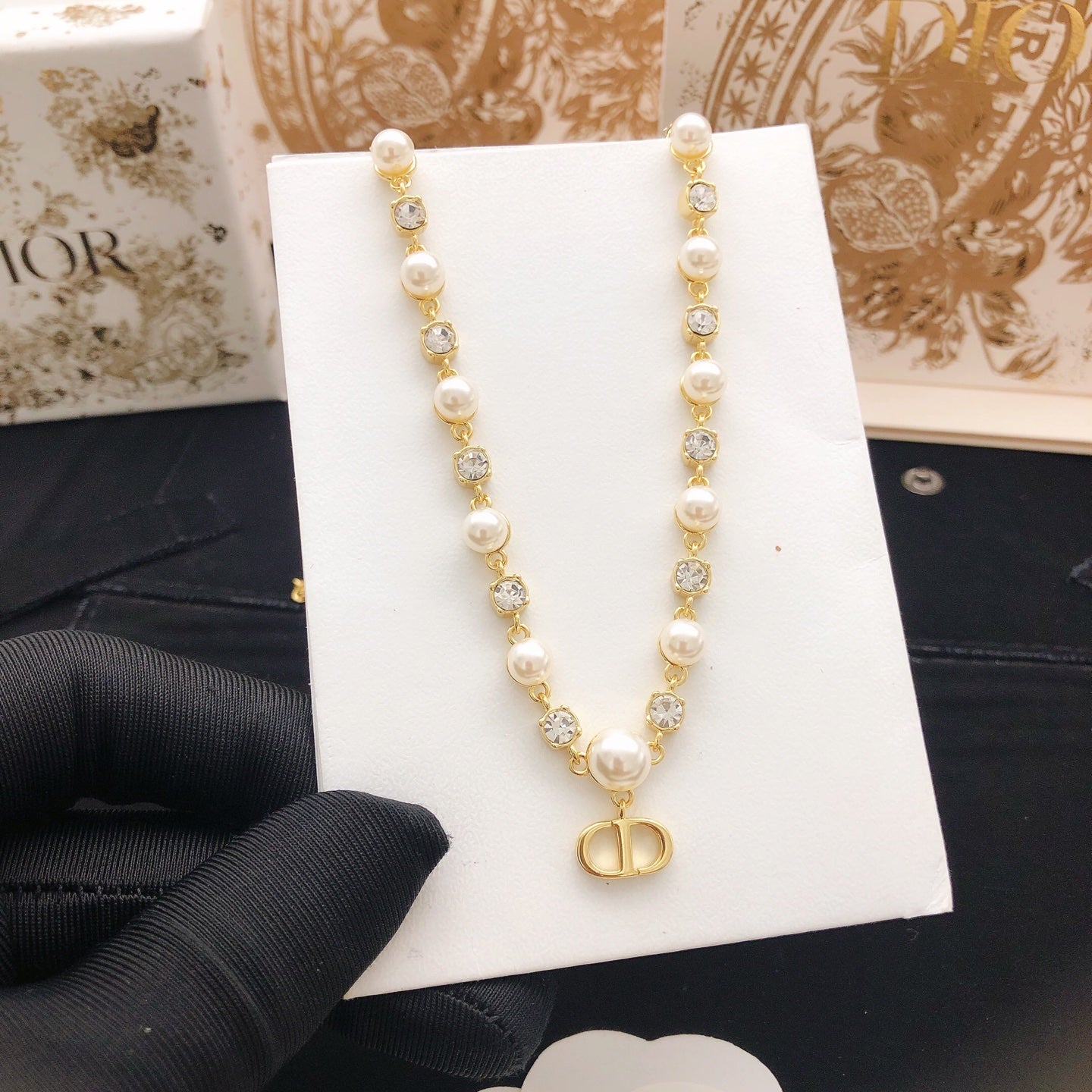 Pearl-Style Motif Pendant Necklace in Polished Metal-Tone with Pearl-Style Detail – Design 016 styled view