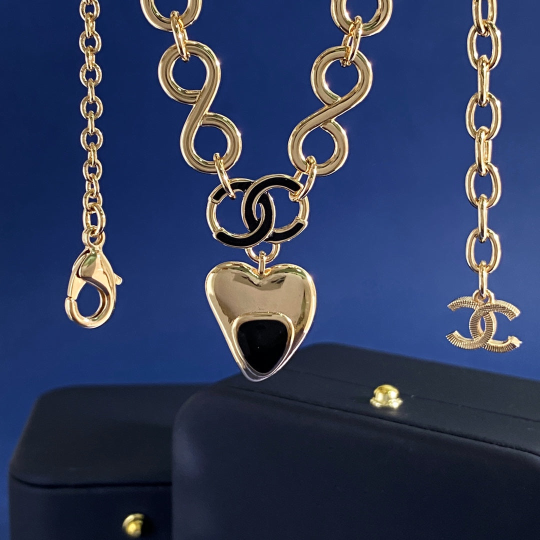 Double-C Emblem Pendant Necklace in Gold-Tone – Heart Detail – Design 002 main product view