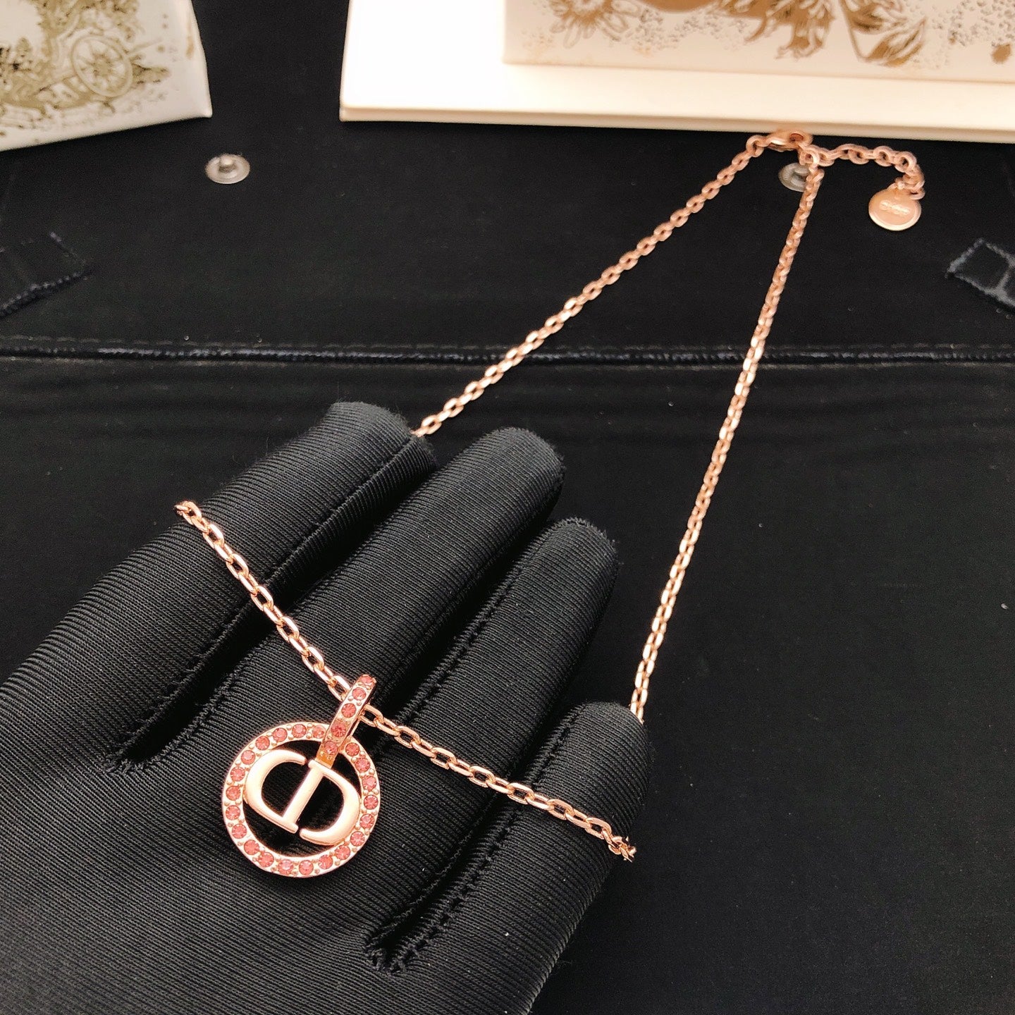 Floral Motif Pendant Necklace in Rose-Gold-Tone with Crystal-Style Accents – Design 005 side detail