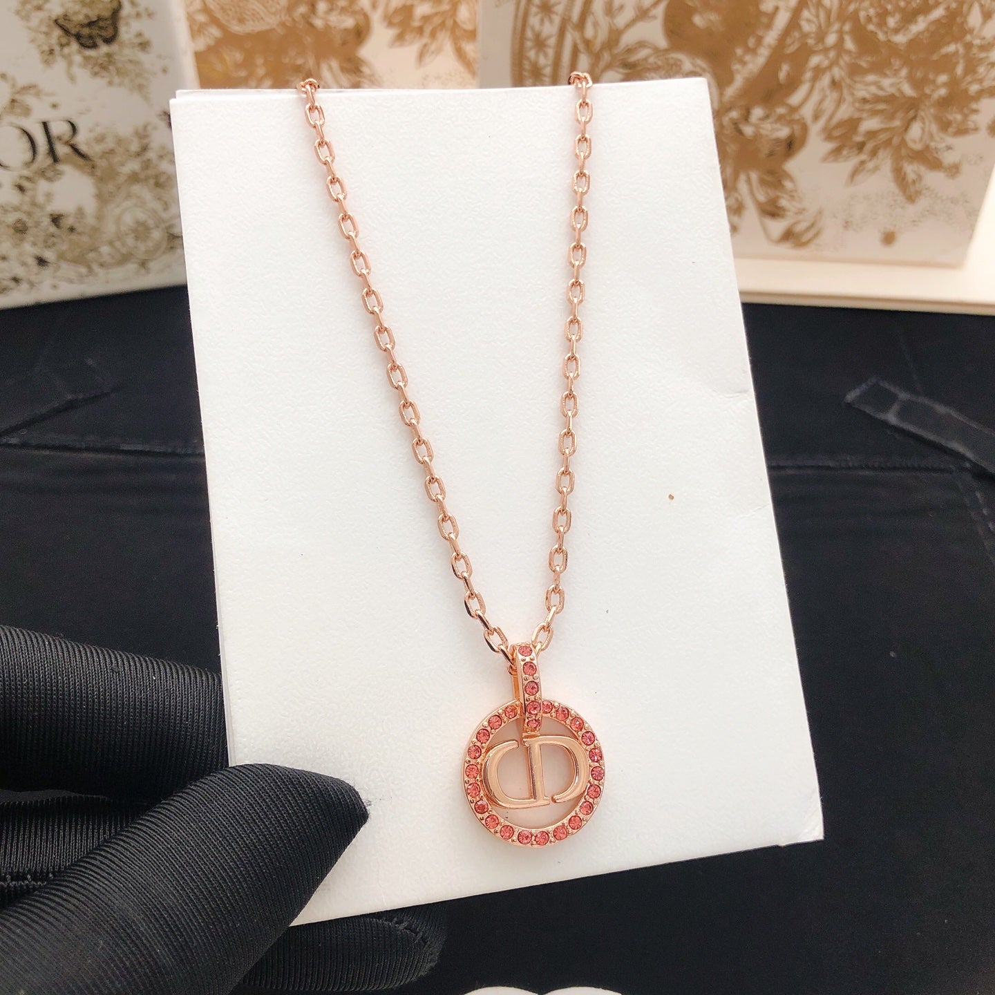 Floral Motif Pendant Necklace in Rose-Gold-Tone with Crystal-Style Accents – Design 005 styled view