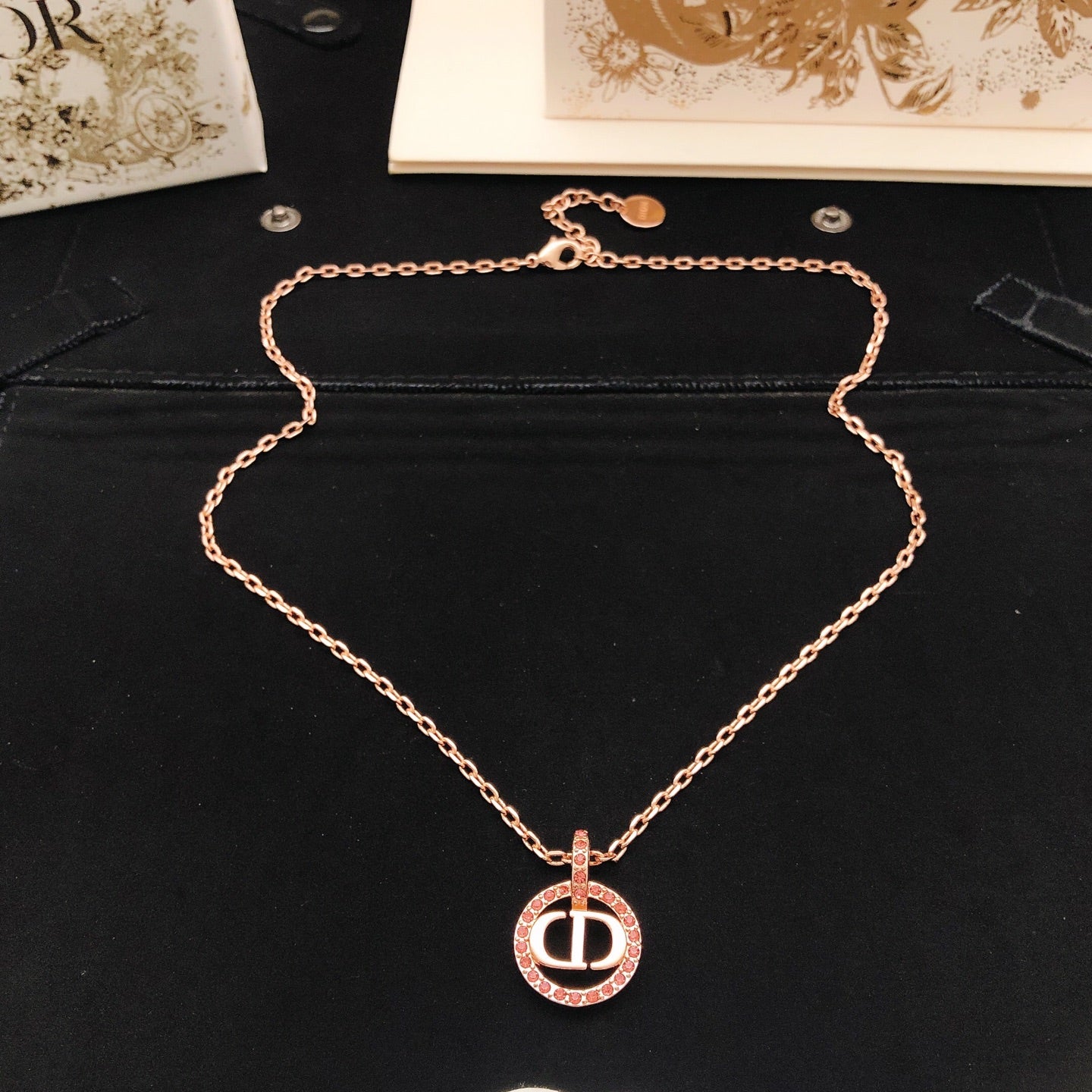 Floral Motif Pendant Necklace in Rose-Gold-Tone with Crystal-Style Accents – Design 005 detail view