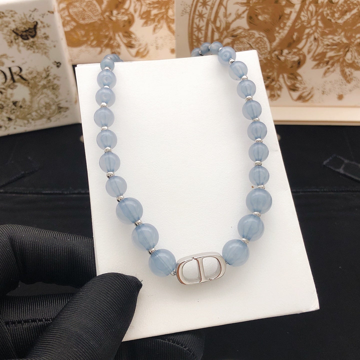 Pearl-Style Motif Pendant Necklace in Polished Metal-Tone with Pearl-Style Detail – Design 014 styled view