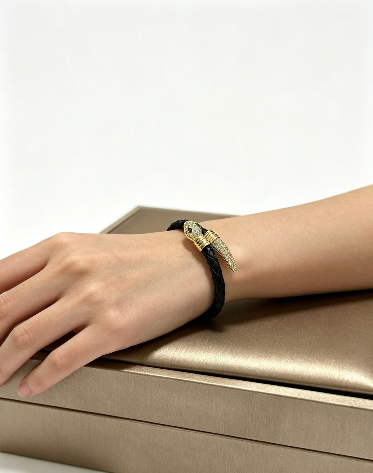 Geometric Emblem Braided Bracelet in Polished Metal-Tone – Design 018 styled product view