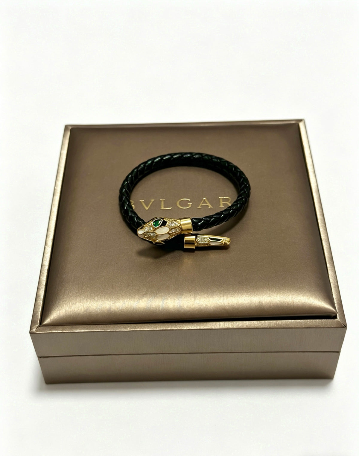 Geometric Emblem Braided Bracelet in Polished Metal-Tone – Design 014 front product view