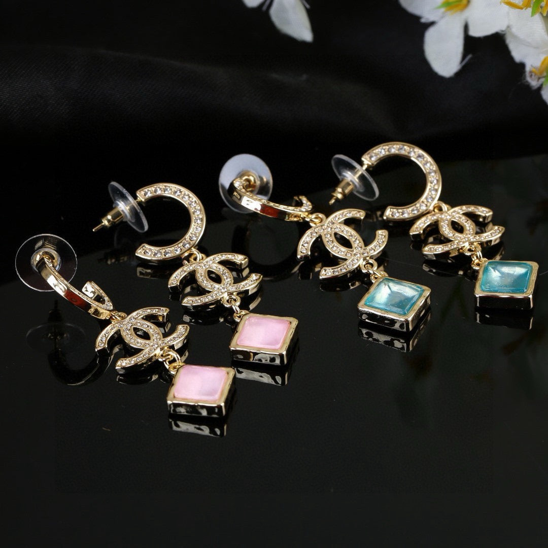 Double-C Emblem Crystal-Accent Statement Earrings – Design 026 front product view