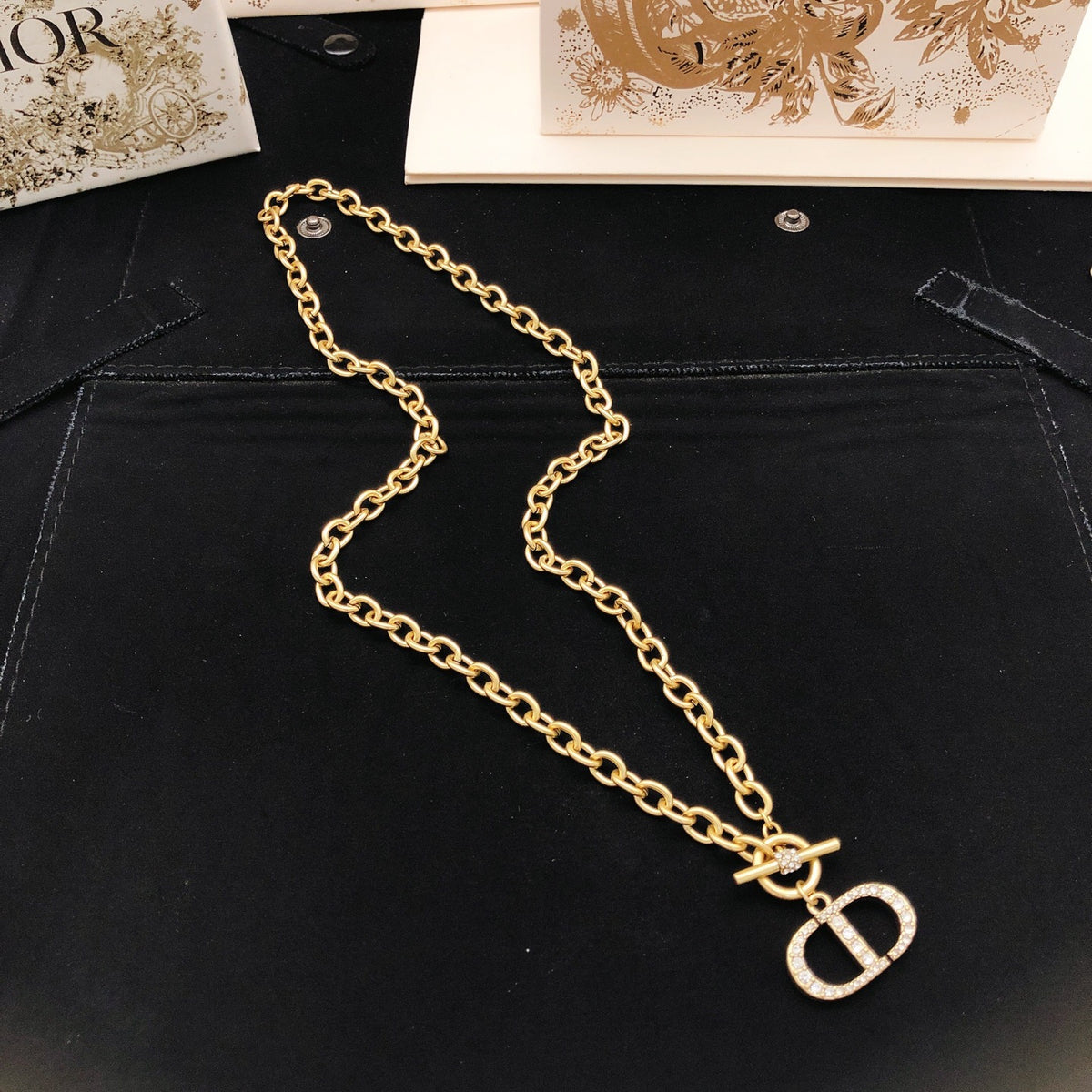 Graphic Letter Motif Pendant Necklace in Polished Metal-Tone with Crystal-Style Accents – Design 006 detail view