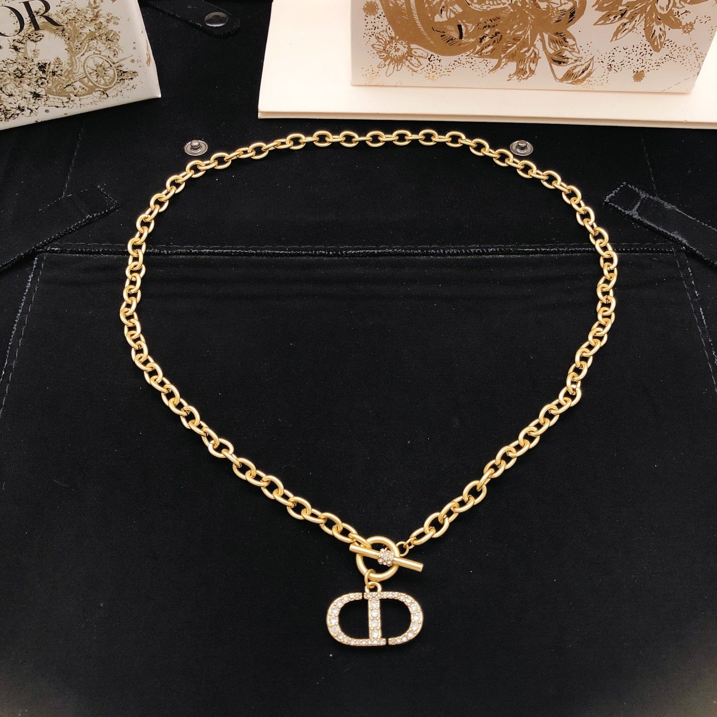 Graphic Letter Motif Pendant Necklace in Polished Metal-Tone with Crystal-Style Accents – Design 006 front view