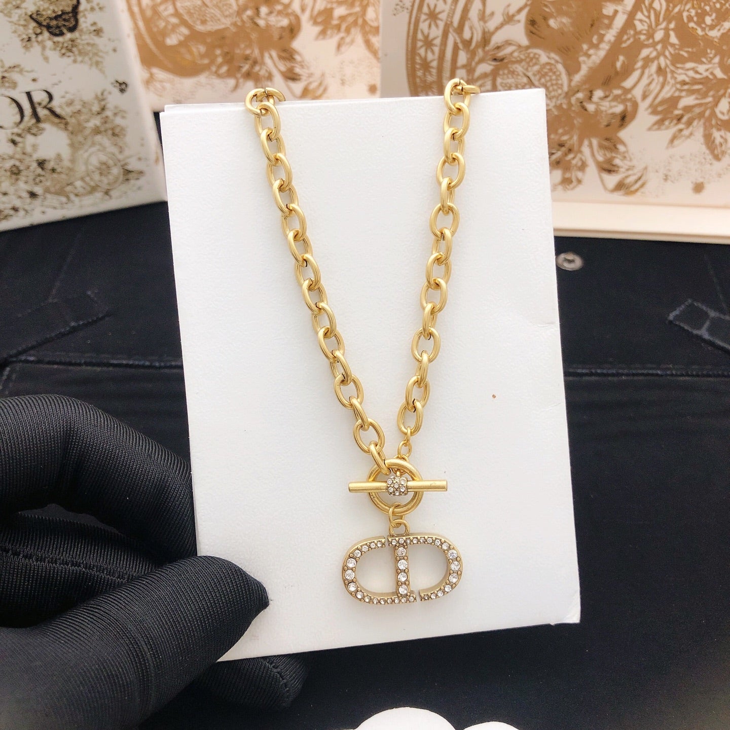 Graphic Letter Motif Pendant Necklace in Polished Metal-Tone with Crystal-Style Accents – Design 006 styled view